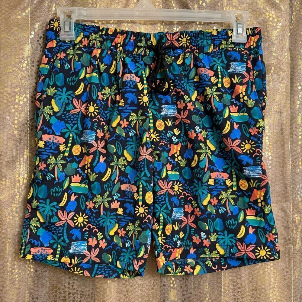 Barney Cools Mens Medium Black Colorful Swim Trunks Shorts NWT